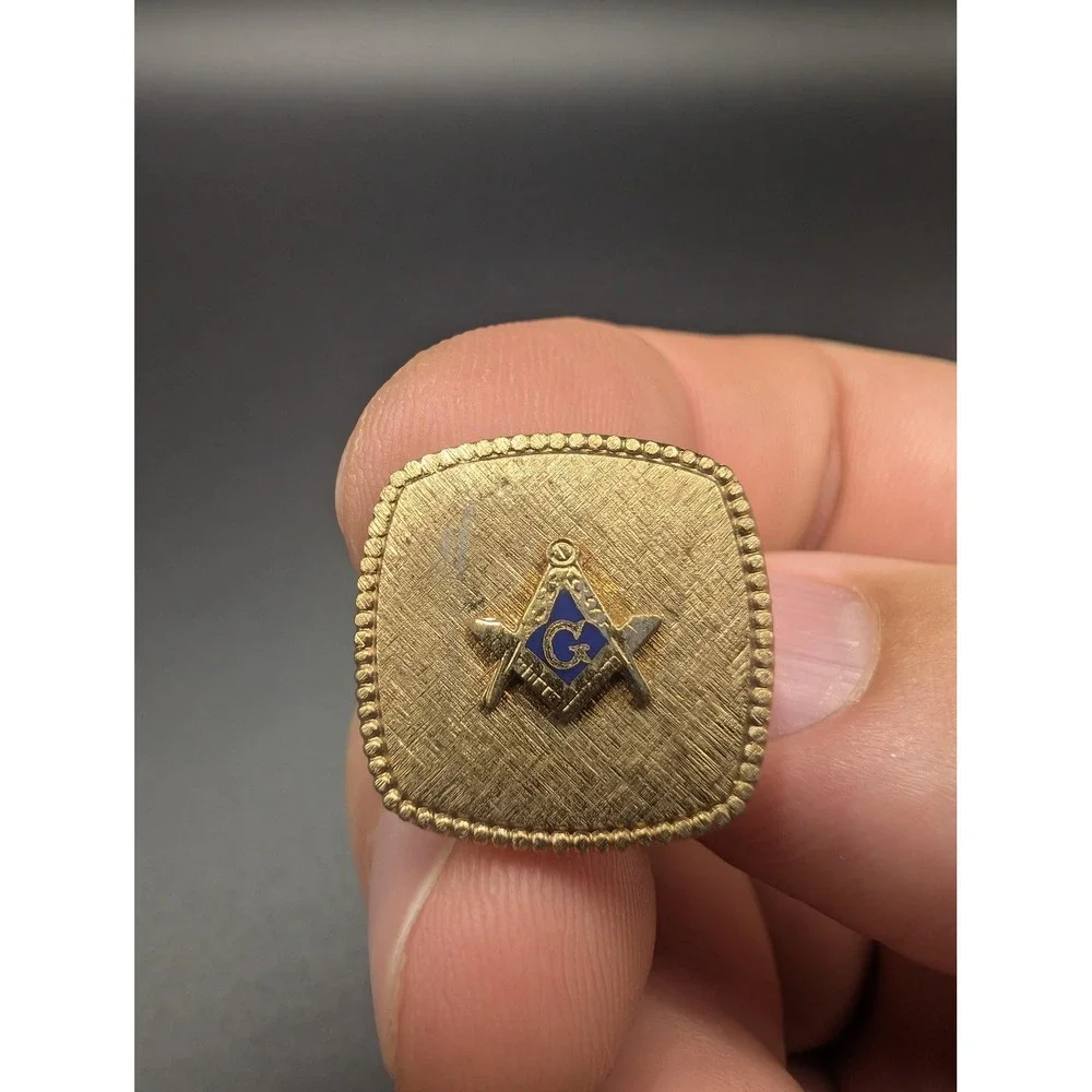 Masonic Cufflinks Tie Clip Set Gold Tone Blue Enamel Mens Freemason Jewelry
